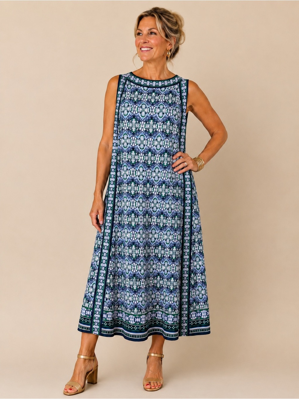 Max Studio Blue and Green Printed Sleeveless Maxi Dress